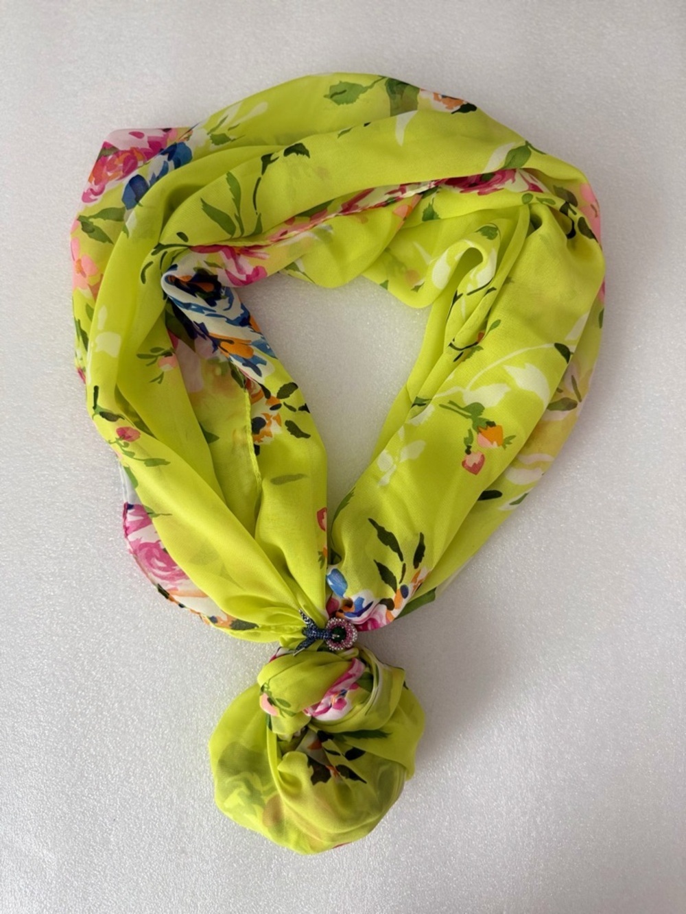 Neon Yellow Floral Scarf Lightweight Silky Wrap Spring Summer Chic Shawl Boho